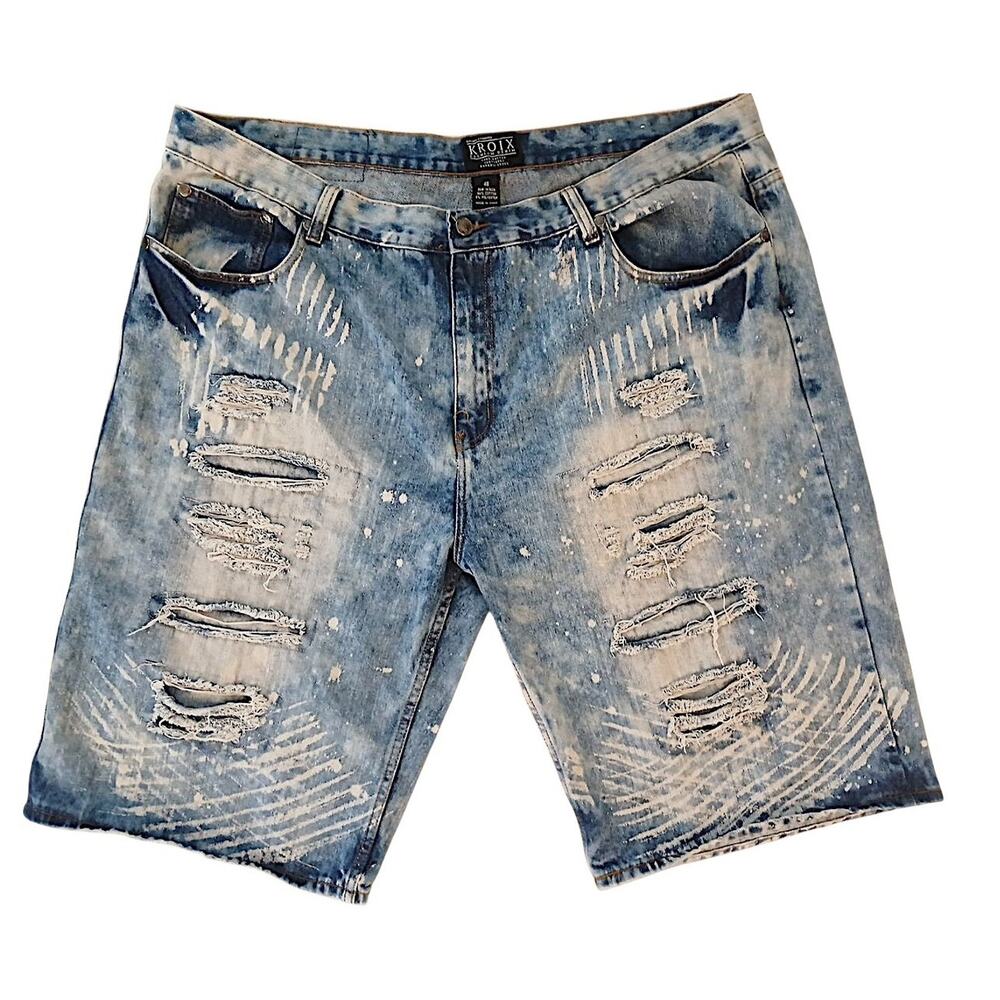 Thrashed Distress Edgy Big Men Sz 48 Long Shorts Denim Rip Holes Oversized Boxy